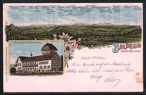 Lithographie Baldegg /Baden, Hotel Baldegg und Panorama der Berge