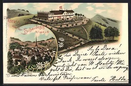 Lithographie Scheidegg b. Wald, Ortsansicht und Gasthaus