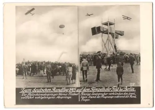 Fotografie unbekannter Fotograf, Ansicht Berlin-Tempelhof, deutscher Rundflug auf dem Tempelhofer Feld 1925, Fallschirm