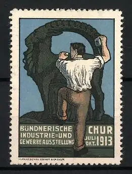 Reklamemarke Chur, Bündnerische Industrie- und Gewerbeausstellung 1913, Bildhauer mit Statue