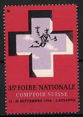 Reklamemarke Lausanne, 35e Foire Nationale 1954, Schweizer Kreuz mit Figur