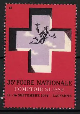 Reklamemarke Lausanne, 35e Foire Nationale 1954, Schweizerkreuz mit Tänzer