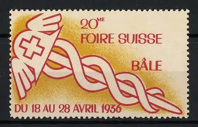 Reklamemarke Basel, 20ème Foire Suisse, Schweizer Wappen mit Hermesstab, 1936