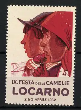 Reklamemarke Locarno, IX. Festa delle Camelie 1932, zwei Personen mit Blume