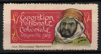 Reklamemarke Marseille, Exposition Nationale Coloniale, Porträt eines Mannes, 1922