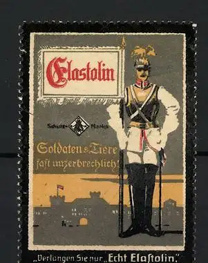 Reklamemarke Elastolin, Soldatenfigur Garde Du Corps vor Festung