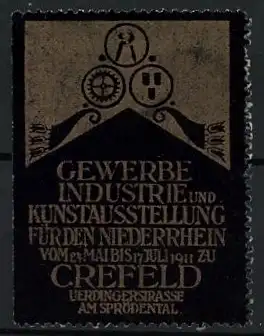 Reklamemarke Crefeld, Gewerbe Industrie und Kunstausstellung 1911, Zahnräder und Werkzeuge