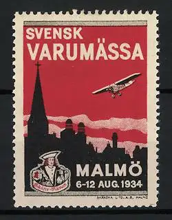 Reklamemarke Malmö, Svensk Varumässa, Flugzeug über Skyline 1934