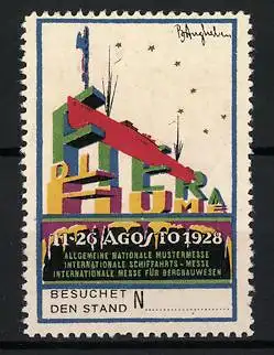 Reklamemarke Fiume, Fiera 1928, Mustermesse, Schiffahrtsmesse & Messe für Bergbauwesen