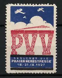 Reklamemarke Prag, Besuchet die Prager Herbstmesse 1927, Flugzeuge und Gebäude