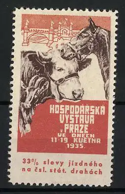 Reklamemarke Prag, Hospodárská Výstava, Rind und Pferd, 1935