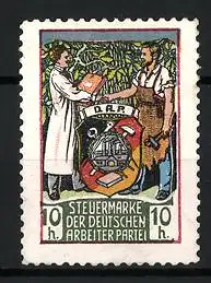 Reklamemarke Steuermarke der Deutschen Arbeiterpartei, Arbeiter und Wissenschaftler mit Wappen