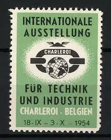 Reklamemarke Charleroi, Internationale Ausstellung 1954, Globus und Zahnräder