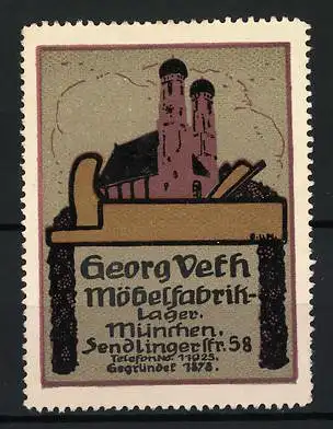 Reklamemarke München, Georg Veth Möbelfabrik, Frauenkirche und Hobel