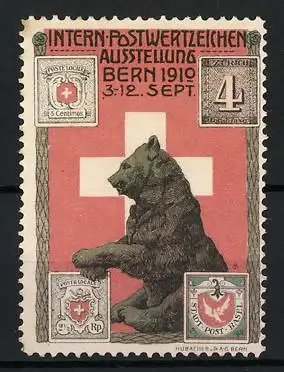 Reklamemarke Bern 1910, Intern. Postwertzeichen-Ausstellung, Bär und Schweizer Kreuz