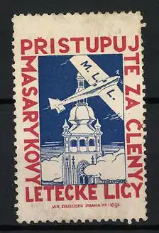 Reklamemarke Prag, Masarykovy Letecké Ligy, Flugzeug über Kirche