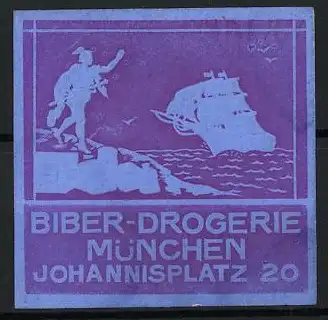 Reklamemarke München, Biber-Drogerie, Hermes und Segelschiff