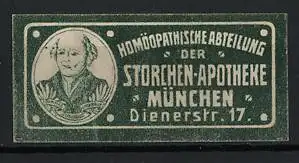 Reklamemarke München, Storchen-Apotheke, Portrait Samuel Hahnemann