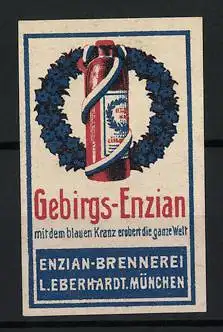 Reklamemarke München, Gebirgs-Enzian, Flasche mit blauem Kranz