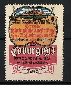 Reklamemarke Coburg 1913, Grosse Thüringische Ausstellung, Stadtansicht Coburg