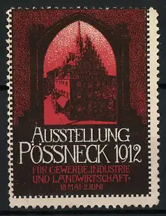 Reklamemarke Pössneck, Ausstellung 1912, Stadtsilhouette im Torbogen