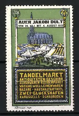 Reklamemarke München, Auer Jakobi Dult, Tandelmarkt 1912, Marktstände und Kirche