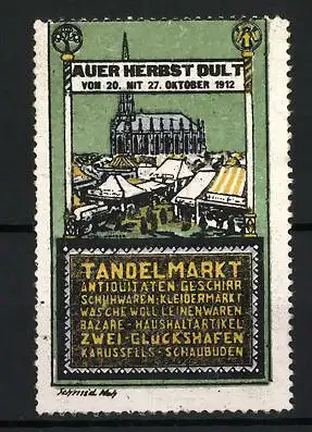 Reklamemarke München, Auer Herbst Dult, Tandelmarkt 1912, Kirche und Marktstände