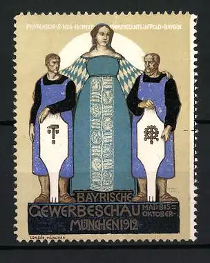 Reklamemarke München, Bayrische Gewerbeschau 1912, Frau mit zwei Handwerkern