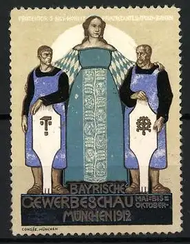 Reklamemarke München, Bayrische Gewerbeschau 1912, Bavaria & Handwerker