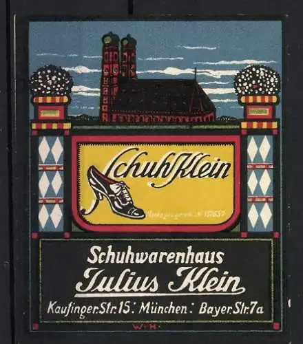 Reklamemarke München, Schuhwarenhaus Julius Klein, Schuh und Frauenkirche