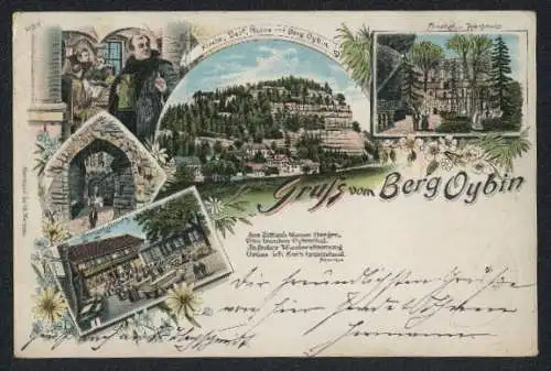 Lithographie Oybin, Kreuzgang, Kirche, Dorf, Ruine und Berg Oybin, Gesellschaftsplatz, Friedhof und Kirchruine