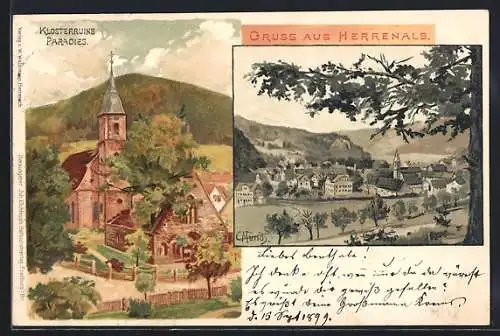 Künstler-Lithographie Carl Münch: Herrenalb, Klosterruine Paradies