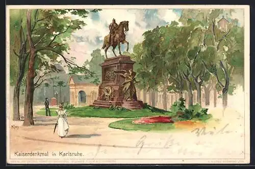 Künstler-AK Heinrich Kley: Karlsruhe, Leute am Kaiserdenkmal