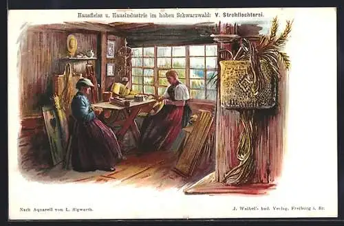 Lithographie Schwarzwald, Strohflechterei, Frauen in Schwarzwälder Tracht