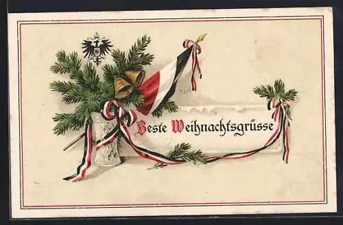 AK Deutscher Weihnachtsgruss, Tannenzweige mit Glocke und Reichsfahne