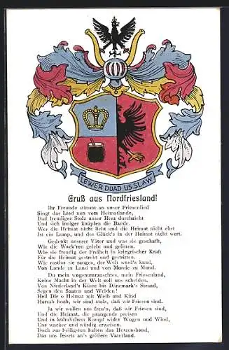 AK Husum / Nordsee, Wappen Nordfriesland, Friesenlied mit Wappen Lewer duad üs Slaw