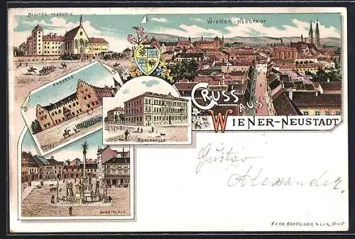 Lithographie Wiener-Neustadt, Militär-Akademie, Kaserne, Marktplatz