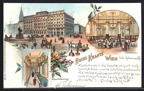 Lithographie Wien, Hotel Krantz, Innen- und Aussenansichten