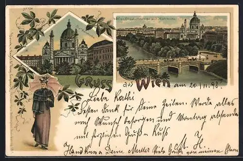 Lithographie Wien, Elisabethbrücke und Karlskirche