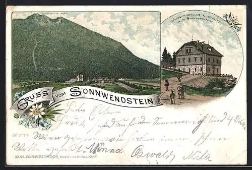 Lithographie Alpenhaus Friedrich Schüler, Berghütte am Sonnwendstein, Panorama