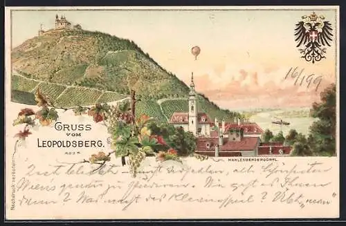 Lithographie Wien, Kahlenbergerdörfl mit Leopoldsberg und Ballon, Wappen