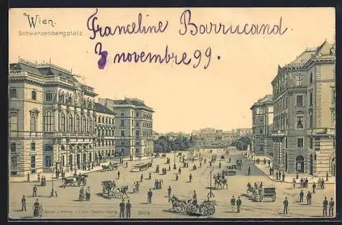 Lithographie Wien, Schwarzenbergplatz mit Denkmal und Passanten