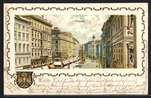 Lithographie Wien, Partie im Graben, Wappen