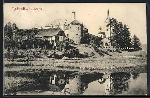 AK Radstadt, Teichpartie mit Blick zur Kirche