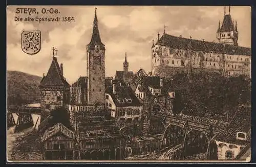 AK Steyr, Ortsansicht mit Schloss um 1584