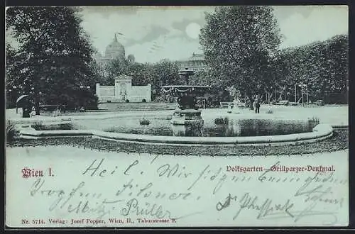 Mondschein-AK Wien, Grillparzer-Denkmal im Volksgarten