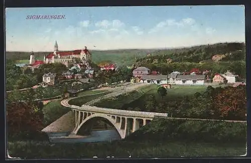 AK Sigmaringen, Teilansicht mit Schloss und Brücke