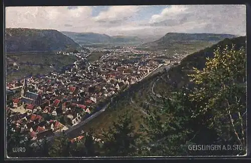 Künstler-AK Geislingen a. d. Stg., Teilansicht mit Kirche