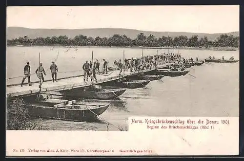 AK Norm. Kriegsbrückenschlag über die Donau, Österreichische Soldaten beim Beginn 1901