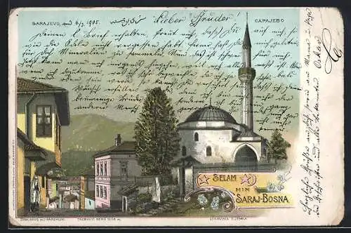 Lithographie Sarajevo, Türkhaus mit Haremlik, Logavina Moschee